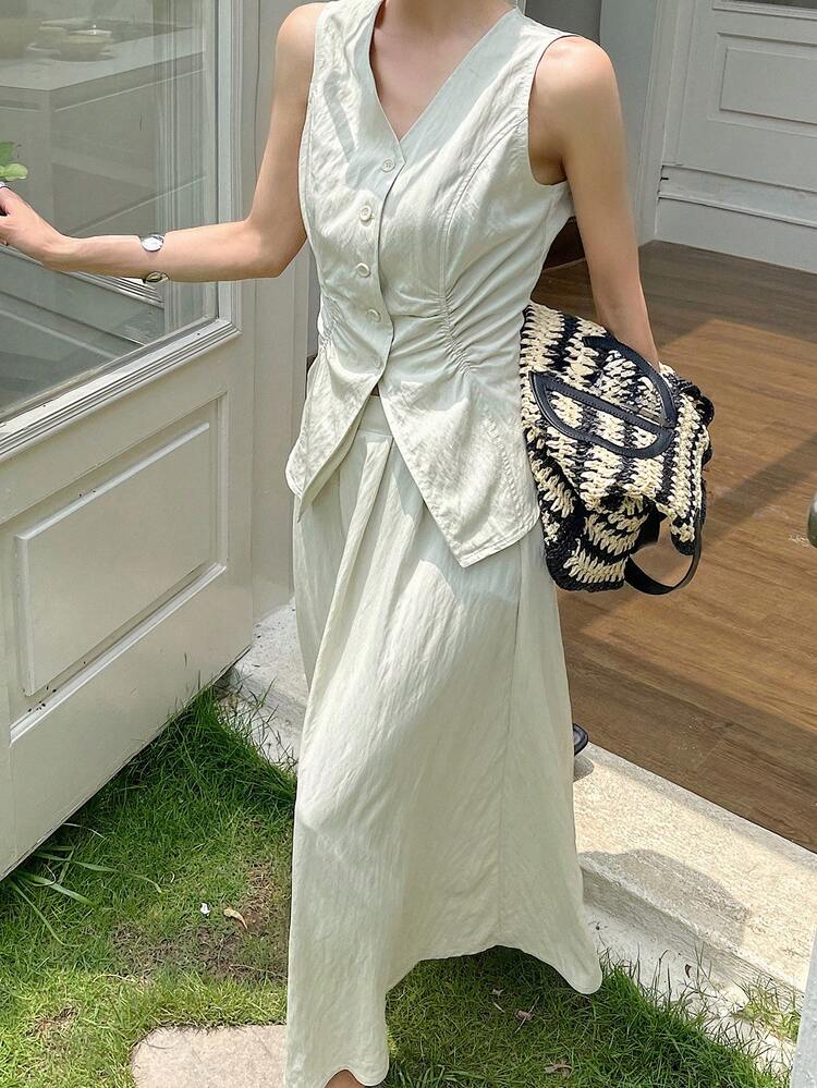 2pcs Women Pleated V-Neck Sleeveless Cardigan And Loose Long Skirt Casual Two Pieces Outfits