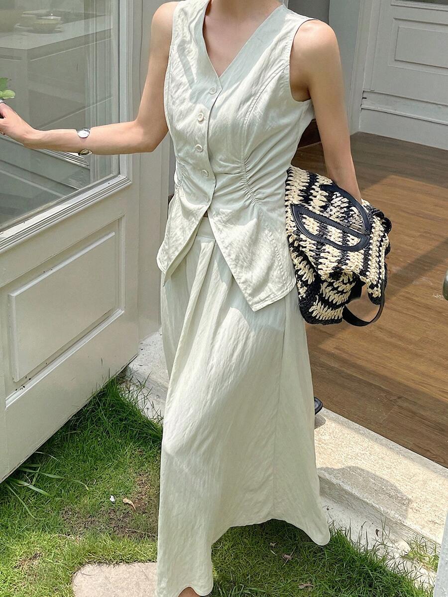 DAZY 2pcs Women Pleated V-Neck Sleeveless Cardigan And Loose Long Skirt Casual Two Pieces Outfits - Khaki - View 1