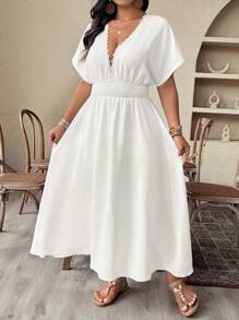 SHEIN CURVE+ Plus Size Women Elegant Woven Short Sleeve Pure White Collar Lace Trim Loose Fit Dress - White - View 6