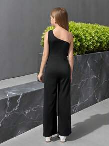 SHEIN Tween Girls' Fitted Jumpsuit With 3D Flower Design, Suitable For Party And Holiday Occasions - Black and White - View 2