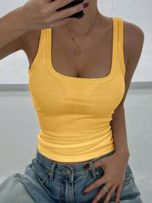 DAZY Women Square Neck Ribbed Slim Fit Casual Yellow Tank Top, Summer - Yellow - View 2