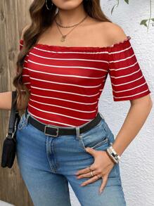 SHEIN LUNE 加大码露肩T恤，短袖条纹时尚，适合夏季 - 紅色 - 查看 4
