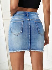 SHEIN Tall Mid-Waist Distressed Raw Hem Washed Denim Mini Skirt