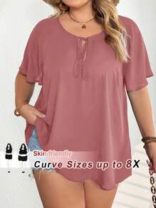 SHEIN CURVE+ Plus Size Women's Elegant Black Tie Collar Raglan Short Sleeve Loose Blousebeach Outfits For Woman/Beach Dress/Beach Vacation Outfits/Beach Essentials / Graduation/Tea Party Dresssummer/Country/Beach Vacation Outfits/Beach Outfits/Beach Wear