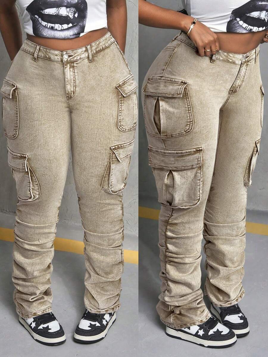 Slaydiva Plus Size Sexy Skinny Stretchy Flared Jeans, Black Cargo Jeans — free download