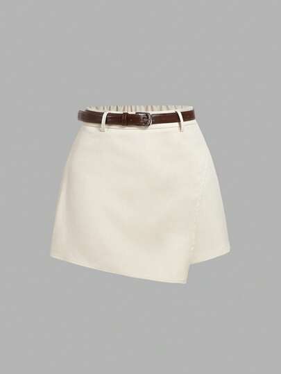 SHEIN MOD Pantalones cortos de mujer de color albaricoque con cinturón envolvente casual para verano, vacaciones, estilo bohemio, playa, western, concierto de música country, pantalones cargo, oficina, graduación, pantalones de vestir casual para el trabajo