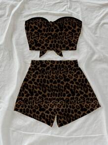 Soleia 2件套女士夏季时尚豹纹前系带抹胸上衣和短裤套装 - 彩色 - 查看 2