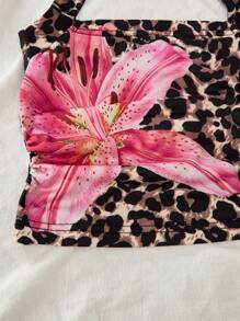 青少年女孩豹纹细肩带背心和破洞牛仔短裤两件套，伊比沙岛夏季服装 - 咖啡棕 - 查看 8