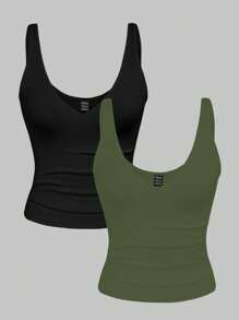 INAWLY Set de 2 piezas de camisetas de tirantes ajustadas de verano para mujer, con estampado de leopardo y unicolor con escote en V - Multicolor - Ver 3