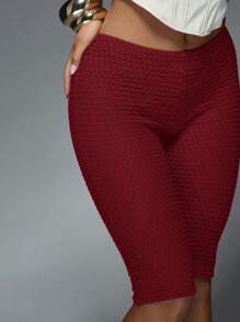 MISSGUIDED Textured Knit Capri Biker Shorts High Waist Workout Athletic Running Shorts Thigh Length Compression Shorts - Red - View 3