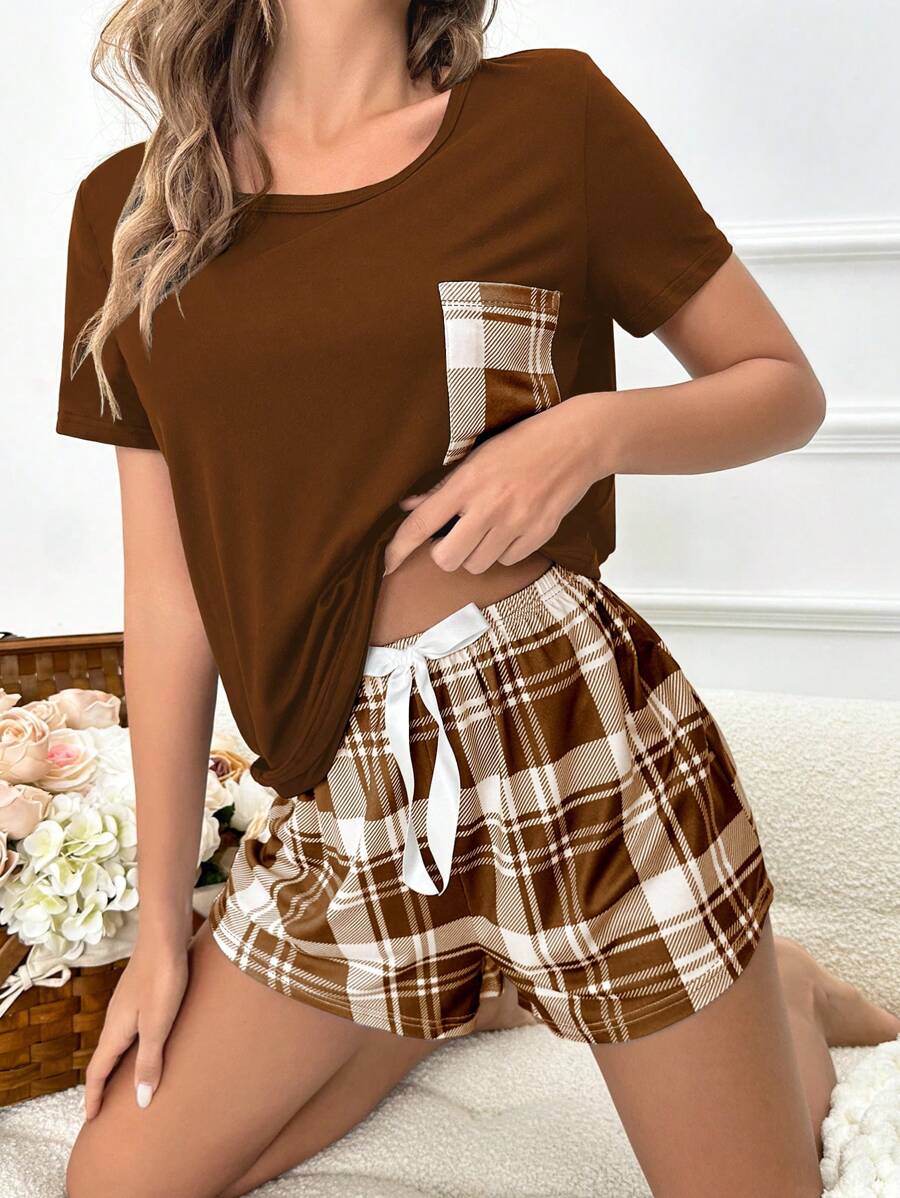 女士格子口袋短袖T恤和短裤家居服套装 - 棕色 - 查看 1