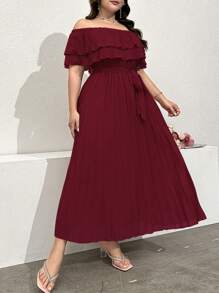 Modelyn Große Größen Frühlings- und Sommer Einfarbiges Off-Shoulder Rüschen-Plissee-Kleid Lange Abendkleid