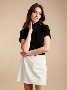 EMERY ROSE 女士纯色立领修身短袖针织上衣 - 黑色 - 查看 8