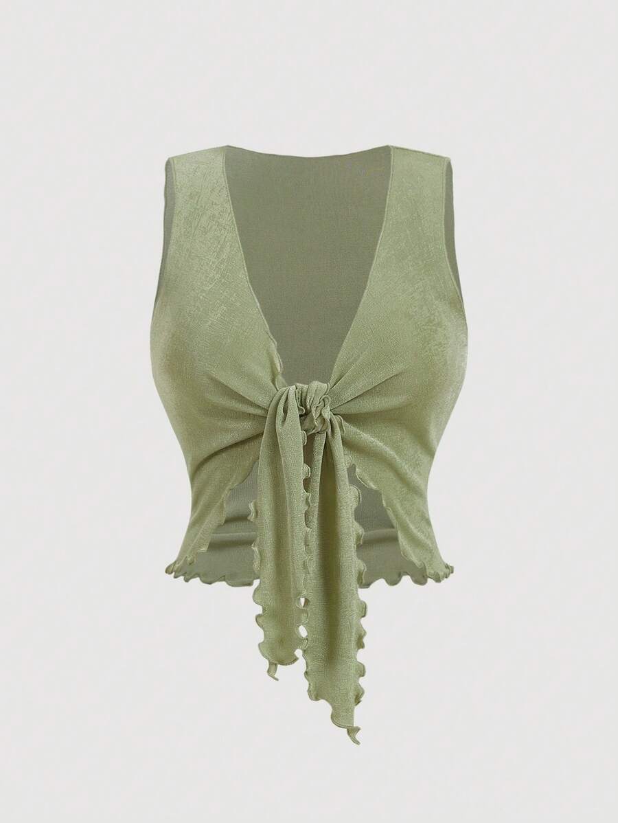 SHEIN MOD 夏季大码 V 领绿色前中系带吊带背心