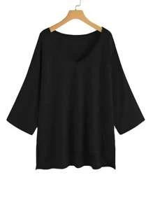 SHEIN EMERY ROSE CURVE Damen Große Größen V-Ausschnitt Seitenschlitz Locker geschnittenes Lässig T-Shirt mit Halbarm, Orange