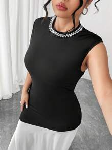 Elenzga Summer Fashionable French Retro Elegant Pearl Collar Color Block Waist Fitted Dress Women Plus Clothing Business Casual Women Casual Dress Women Birthday Outfit Women Dresses Birthday - Black - View 5