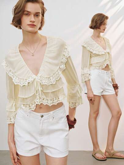 Lumivelle Elegant Fashion Solid Color Long Sleeve Blouse With Lace Trim