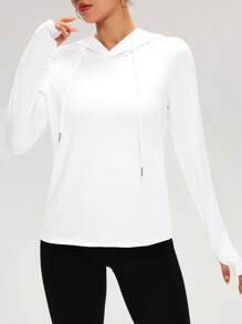 SHEIN Cheerettes Solid Color Hooded Pullover White Long Sleeve Casual Sports Sweatshirt, Spring/Fall