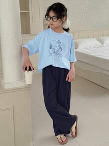 DAZY 青少年女孩秋季服装，青少年女孩圆领针织印花短袖 T 恤 + 长裤睡衣套装，春夏季，返校服装