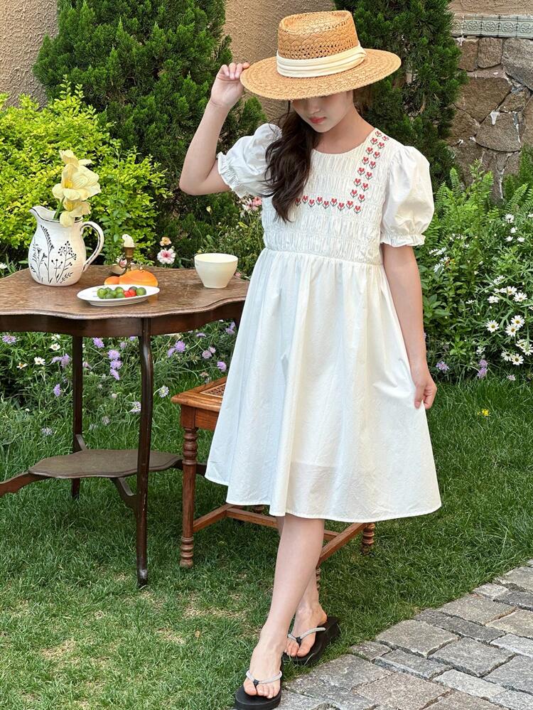 Tween Girls Round Neck Short Puff Sleeve Ruffled Casual Dress, Summer