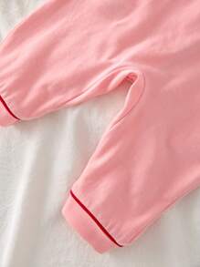 SHEIN Newborn Baby Girl Cartoon Cherry Embroidered Lapel Snap Long Pants Knit Soft Skincare Romper Pajama Set - Baby Pink - View 5