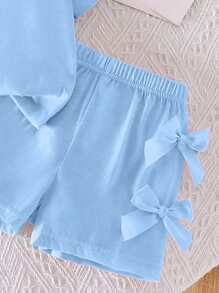 SHEIN 2 件年轻女孩休闲甜美日常圆领泡泡袖短 T 恤和松紧腰短裤套装 - 藍色 - 查看 4