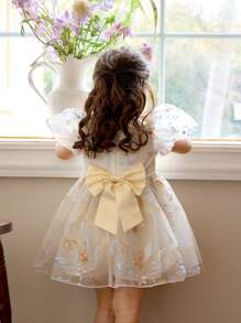 Baby Girl Elegant Cute Apricot Mesh Embroidered Peter Pan Collar Summer Dress Outfit