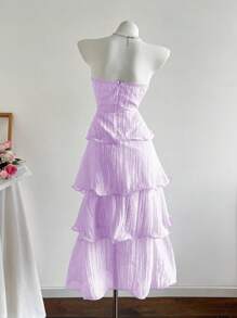 Elamini 纯色性感露背多层连衣裙 - 淡紫色 - 查看 2