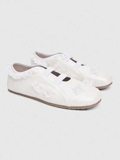 Kawaii Women's Slip On Lace Trim Ballet Flats, Sweet Criss-Cross Tie Mary Jane Dress Shoes, Casual Comfortable Ballet Flat Shoes