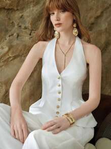 SHEIN LUNE 女士 2 件春夏套装：露背吊带上衣和高腰裤，白色，修身，优雅淑女风格，商务休闲女装，女士办公室服装，全白女装，2 件套夏季 - 白色 - 查看 8