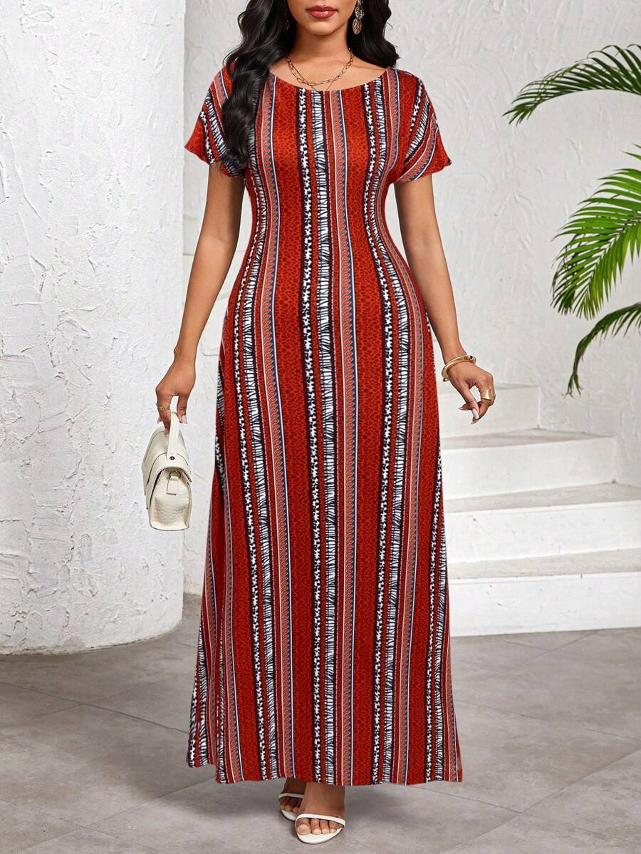 SHEIN Lady 女士度假条纹圆领短袖修身连衣裙 - 紅色 - 查看 1