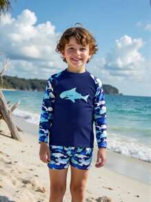 SHEIN Young Boy Cartoon Shark Print Swimsuit Set , Suitable For Beach Swimming
