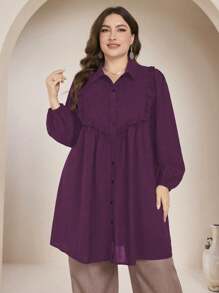 Graceveil Plus Size Solid Color Long Sleeve Loose Casual Blouse, Suitable For Spring And Autumn Fall Cloth For Women - Purple - View 1