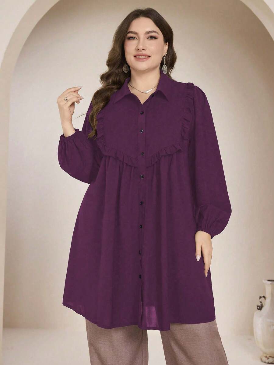 Graceveil Plus Size Solid Color Long Sleeve Loose Casual Blouse, Suitable For Spring And Autumn Fall Cloth For Women - Purple - View 1