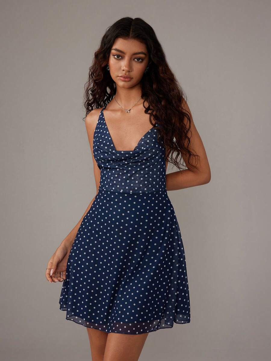 TRNVIE Romantic Asymmetrical Camisole Backless Polka Dot Mesh Mini Dress, Suitable For Spring/Summer Vacation - Navy Blue - View 1