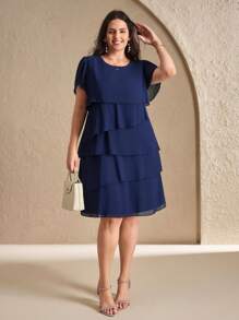Chikora Plus Size Elegant And Romantic Multi-Layered Ruffled Chiffon Dress,Dark Blue,Mother Of The Bride Dresses, Summer , Fashionable For Summer