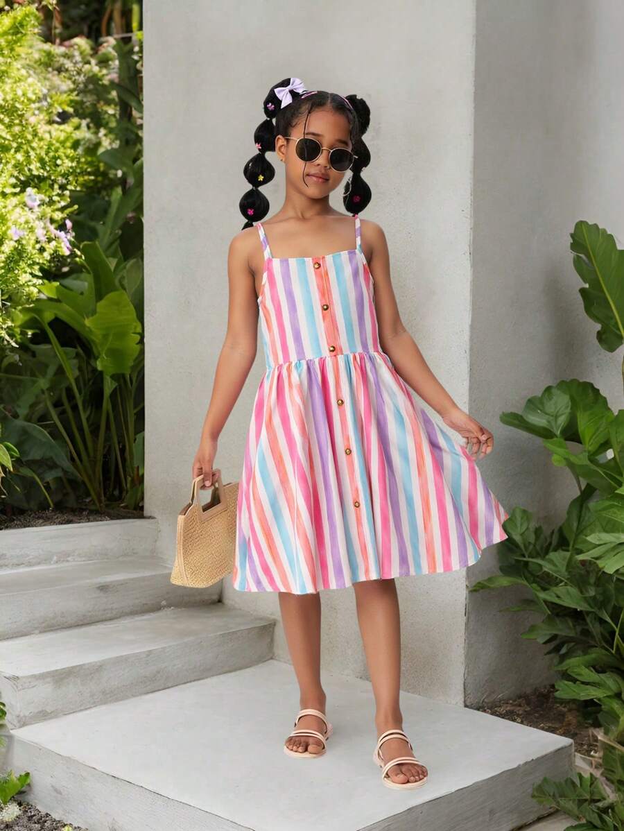 Vestido de tirantes con diseño de botones a rayas de colores para niñas preadolescentes, adecuado para ocasiones festivas y casuales - Multicolor - Ver 1