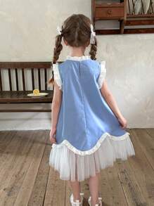 LMoss Kids 年轻女孩梭织拼色网眼拼接无袖连衣裙