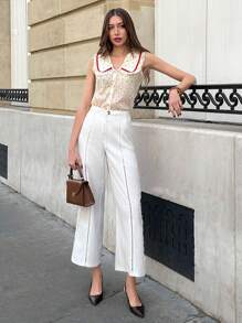 Pariaura Blusa sin mangas con cuello Peter Pan y estampado floral elegante, apropiada para uso diario y fiestas - Blanco - Ver 3