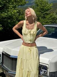 SHEIN EZwear 2-Piece Set Of Women's Butter Yellow Striped Button-Front Vest And A-Line Maxi Skirt - Yellow - View 3