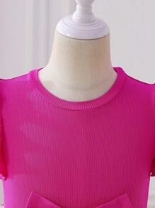 SHEIN Glamorique Kids 女孩优雅甜美可爱圆领荷叶边罗纹面料合身腰部 3D 网眼刺绣 A 字裙，时尚公主风格适合假期、派对、度假、夏季 - 玫紅色 - 查看 4