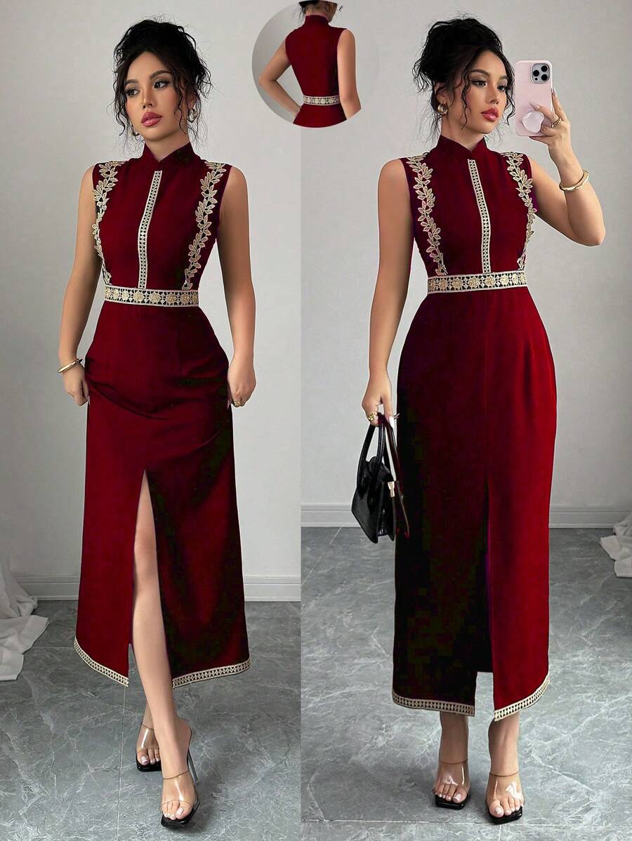 Chiquease Elegant Fashion Mandarin Collar Sleeveless Floral Embroidery Patchwork Cinched Waist Dress, Versatile For Daily Wear - Red - View 1
