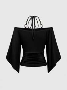 ROMWE Goth 哥特式深色夏日海滩，女式露肩喇叭袖蛇皮、月亮和星星印花串珠 T 恤