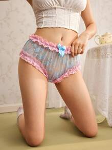 Floral Lace Ruffle Trim Sexy Open Back Women's Thong Panty Pink - Pink - View 7