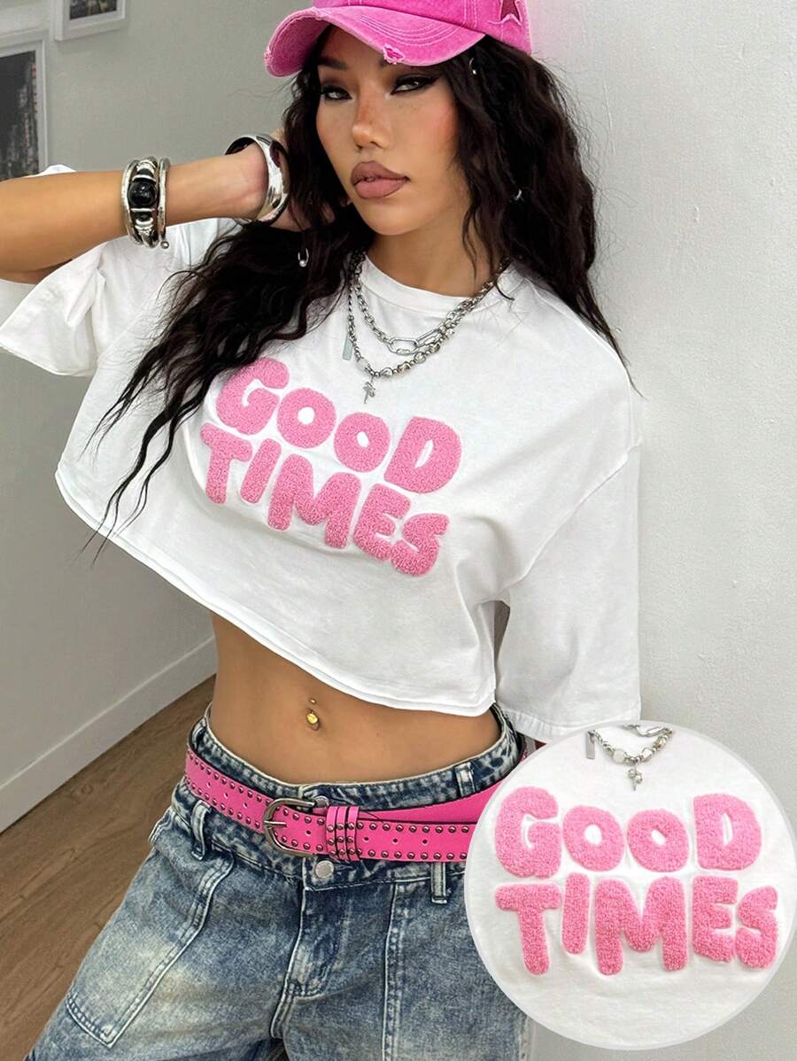 Coolane 女士夏季外出音乐节街头服饰 Y2K 可爱毛巾刺绣图案白色短款 T 恤 - 白色 - 查看 1