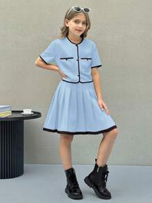 SHEIN Nova Glow Tween Girls Woven Colorblock Short Sleeve Shirt And Pleated Skirt Elegant 2-Piece Set - Baby Blue - View 6