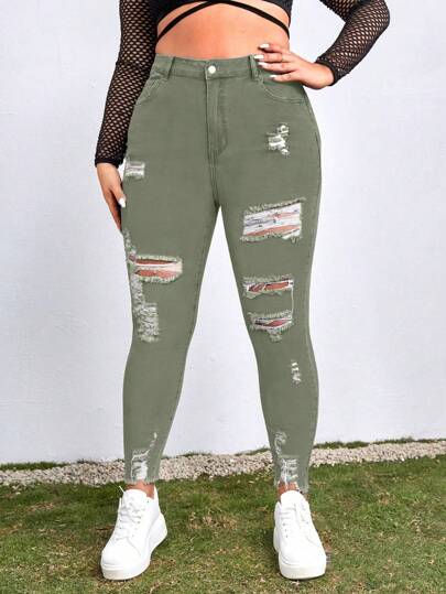 SHEIN ICON Plus Size Women Elastic Skinny Pocket Distressed Ripped Casual Denim Jeans