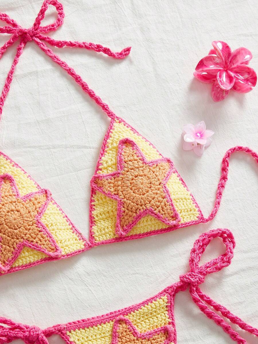 Swim Mod 2022 Summer Beachwear Girl Cute Crochet Starfish Colorblock Bikini Set - Multicolor - View 1
