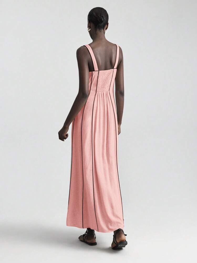 Linen Fabric Colorblock Sleeveless Round Neck Simple Fashion Dress, Casual Vacation Dress, Business Casual Dress For Women, Autumn