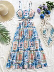 Soleia Women's Resort Tropical Landscape Print Cutout Cinching Waist Fit And Flare Summer Midi Dress, Boho Style, Suitable For Holiday, Dates, Afternoon Tea, Beach,Bohemian Clothes Vacation Dress - Multicolor - View 5